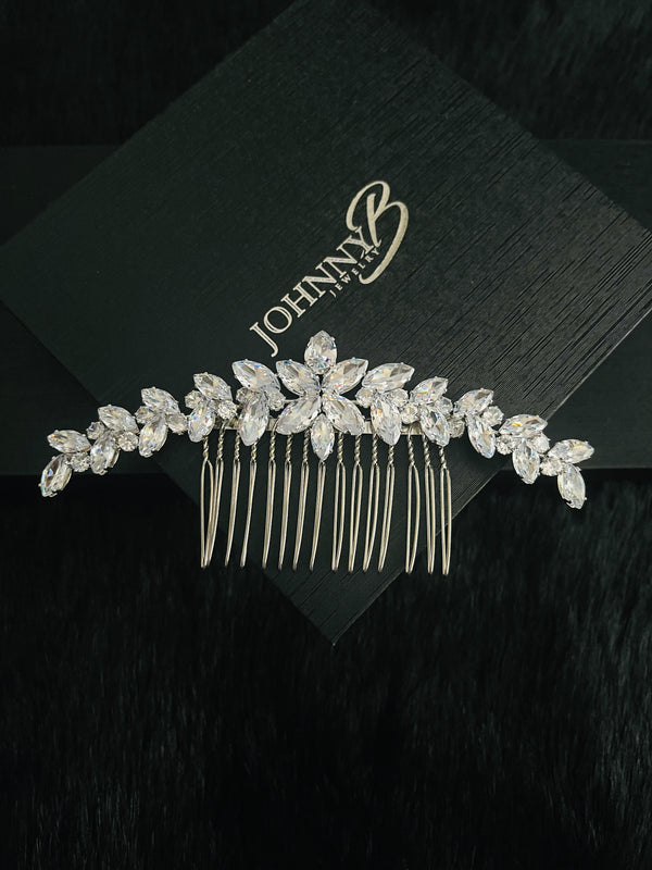 KINSLEY - Marquise Crystal Leaf Hair Comb In Silver