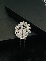 ELLA – Flower And Leaves CZ Hair Pin In Silver - JohnnyB Jewelry