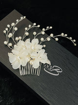 ZELIA – Large White Flowers With Crystal Leaves And Pearl Sprays Hair Comb In Silver - JohnnyB Jewelry