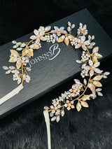 ILENE - Gold Flowers And Leaves With Crystal Sprays Hair Circlet