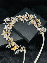 ILENE - Gold Flowers And Leaves With Crystal Sprays Hair Circlet