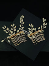 VANESSA - 2Pcs Set Opal Crystal Flower Hair Combs In Gold - JohnnyB Jewelry