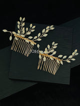 VANESSA - 2Pcs Set Opal Crystal Flower Hair Combs In Gold - JohnnyB Jewelry