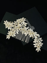 DOMINICA - Metal Silver Leaves With Freshwater Pearl Berries Hair Comb In Silver