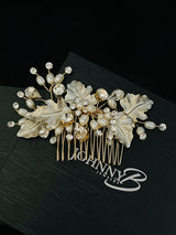ORSA – Large Metal Leaves With Crystal And Freshwater Pearl Hair Comb
