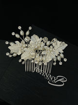 ORSA – Large Metal Leaves With Crystal And Freshwater Pearl Hair Comb