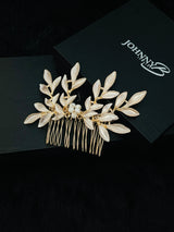 GRETA - Leaves And Pearls Hair Comb In Gold - JohnnyB Jewelry
