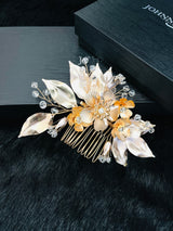CARINA - Multi-Shaped Flower With Crystal And Pearl Hair Comb In Gold
