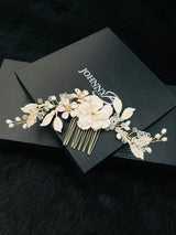 KHLOE - Multi-Flower Design With Fancy Leaf In Crystal And Pearl Hair Piece In Gold