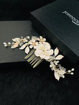 KHLOE - Multi-Flower Design With Fancy Leaf In Crystal And Pearl Hair Piece In Gold