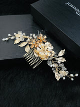 KHLOE - Multi-Flower Design With Fancy Leaf In Crystal And Pearl Hair Piece In Gold