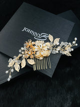 KHLOE - Multi-Flower Design With Fancy Leaf In Crystal And Pearl Hair Piece In Gold