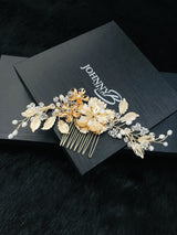 KHLOE - Multi-Flower Design With Fancy Leaf In Crystal And Pearl Hair Piece In Gold
