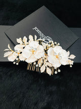 NOVA - Fancy Triple Flower With Crystal And Pearl Hair Comb In Gold