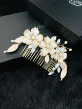 MARIANNE - Triple Flower With Opal Marquise Crystal Hair Comb In Gold