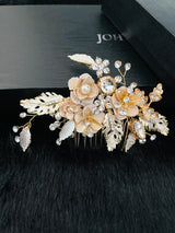 AUTUMN - Flower And Leaves Crystal And Pearl Hair Comb In Gold