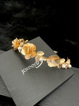 THERESA - Bold Large Flowers And Leaves With Crystal And Pearl Accents Tiara In Gold