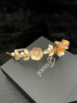 THERESA - Bold Large Flowers And Leaves With Crystal And Pearl Accents Tiara In Gold