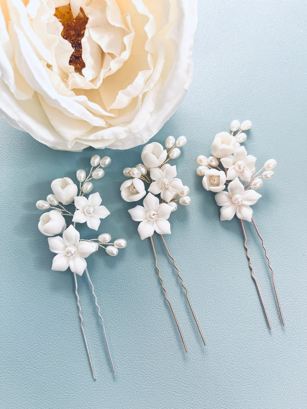 JASMINA- CLAY FLOWER AND PEARL HAIRPINS