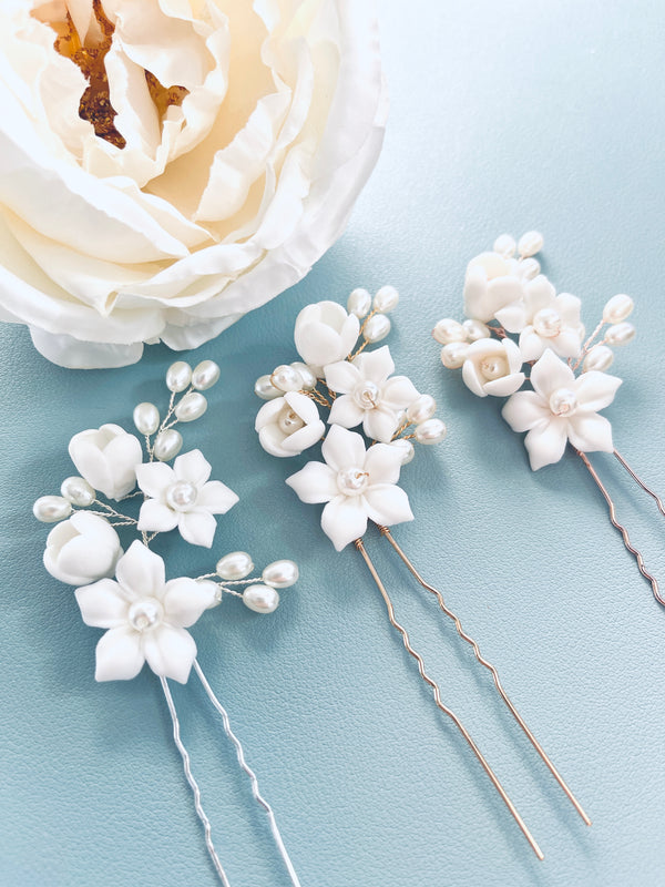 JASMINA- CLAY FLOWER AND PEARL HAIRPINS