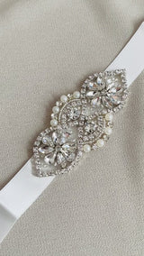 INGRID - Mini Crystal And Pearl Weave Belt Sash In Silver