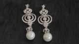 VIVIENNE - CZ Ornate Drop Pearl Earrings In Silver