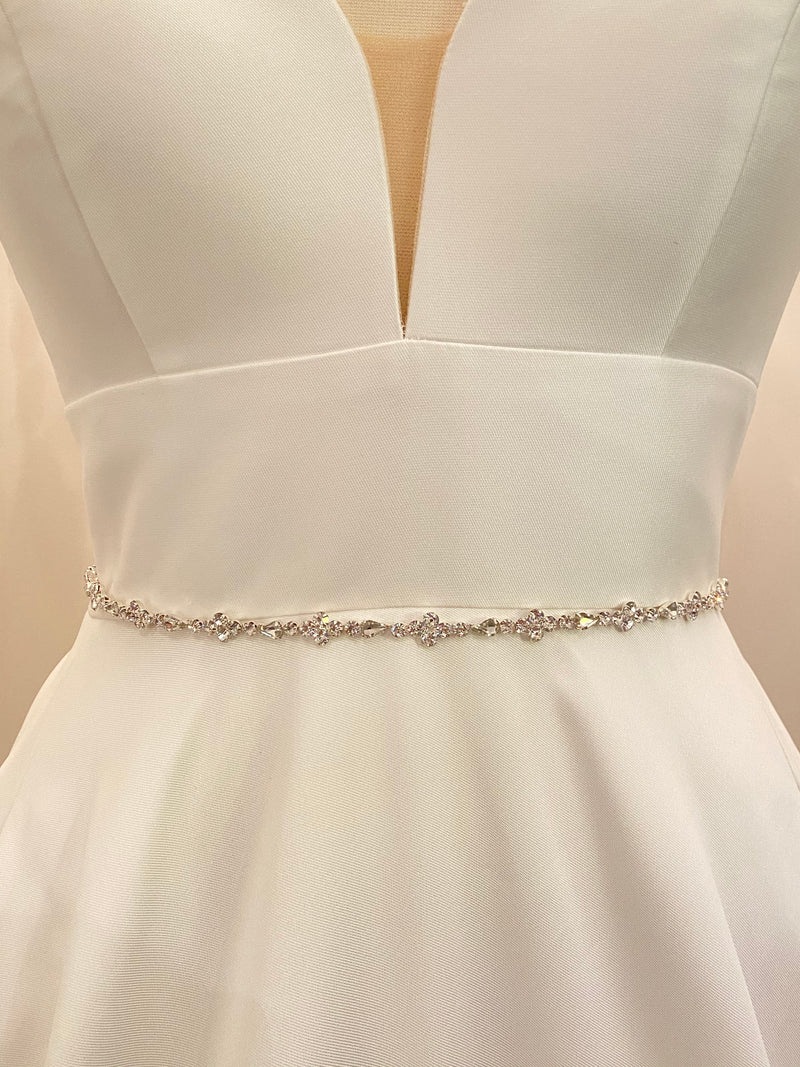 MELANIE - Delicate Slim Floral-Motif Crystal Belt Sash In Silver