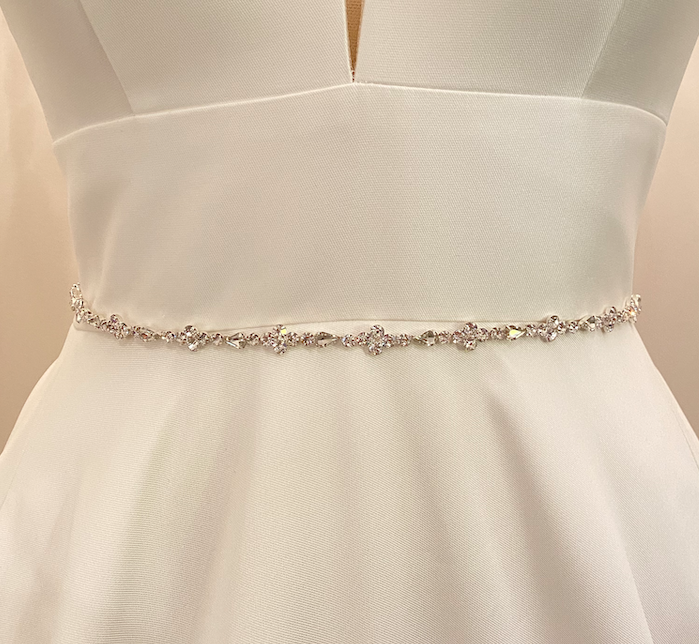 MELANIE - Delicate Slim Floral-Motif Crystal Belt Sash In Silver