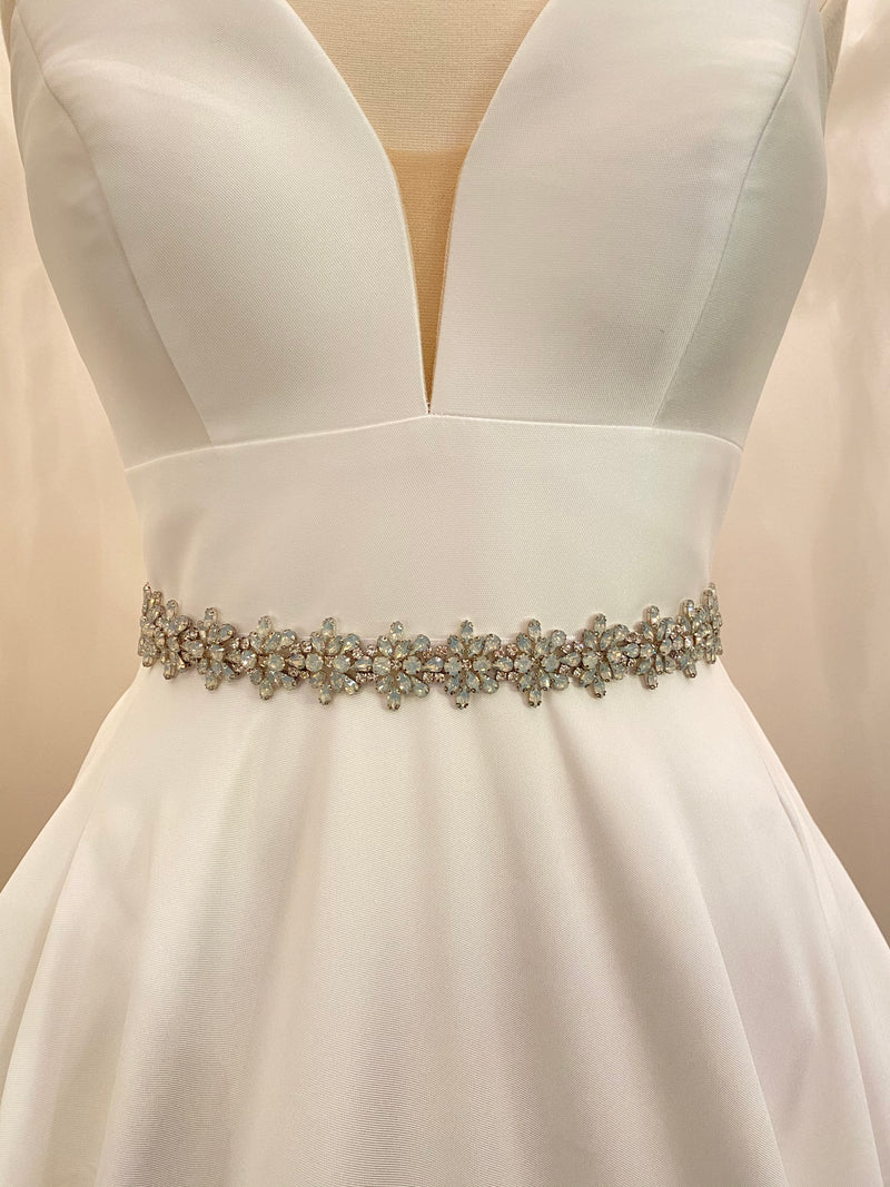 WILLA - Detailed Opal Crystal Floral Motif Belt Sash In Silver