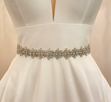 WILLA - Detailed Opal Crystal Floral Motif Belt Sash In Silver