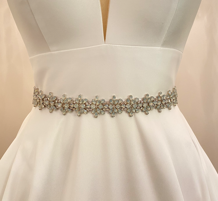 WILLA - Detailed Opal Crystal Floral Motif Belt Sash In Silver