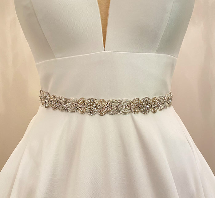 KENDALL - Slim Intricately Patterned Crystal Belt Sash In Silver