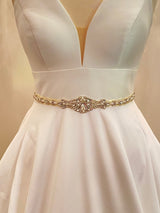 NICOLA - Slim, Refined Crystal And Pearl Belt Sash With Ornate Centre In Silver