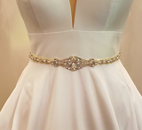 NICOLA - Slim, Refined Crystal And Pearl Belt Sash With Ornate Centre In Silver