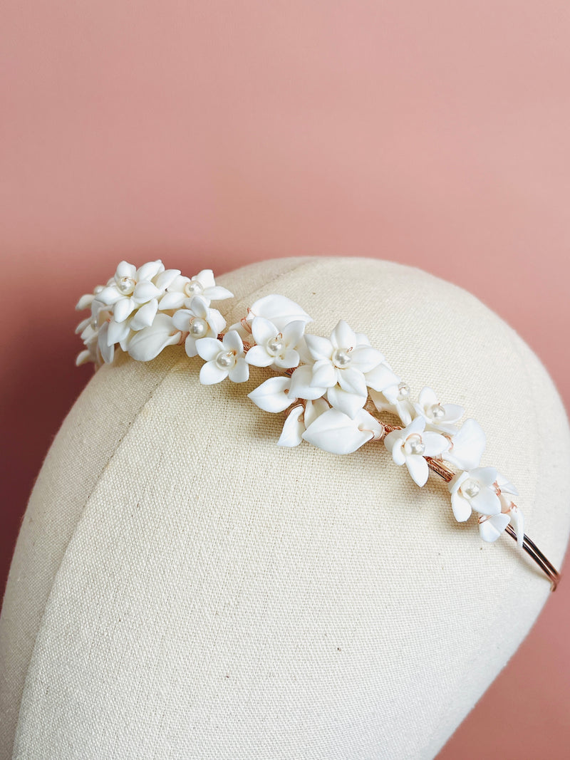 JASMINA- CLAY FLOWER AND LEAVES WITH PEARL TIARA