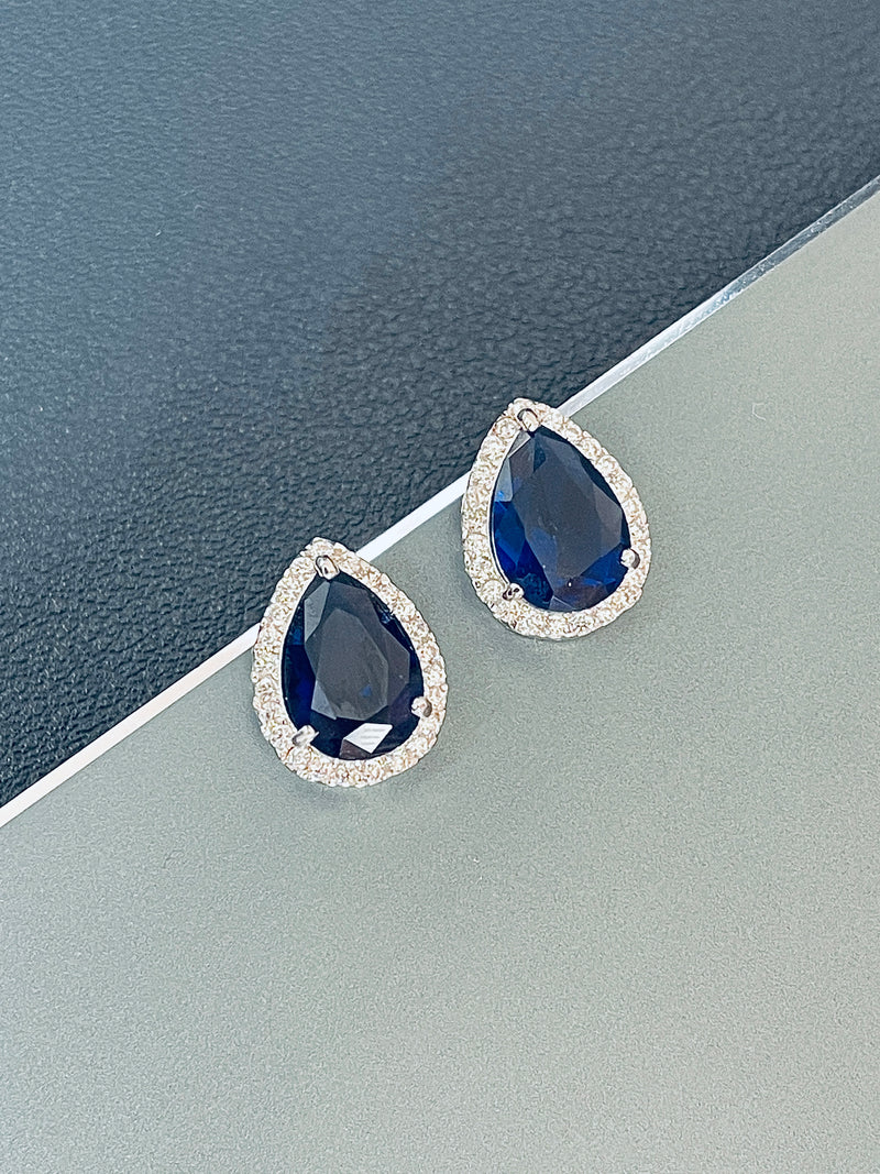 AURORA - Teardrop Sapphire Blue Stud Earrings In Silver - JohnnyB Jewelry