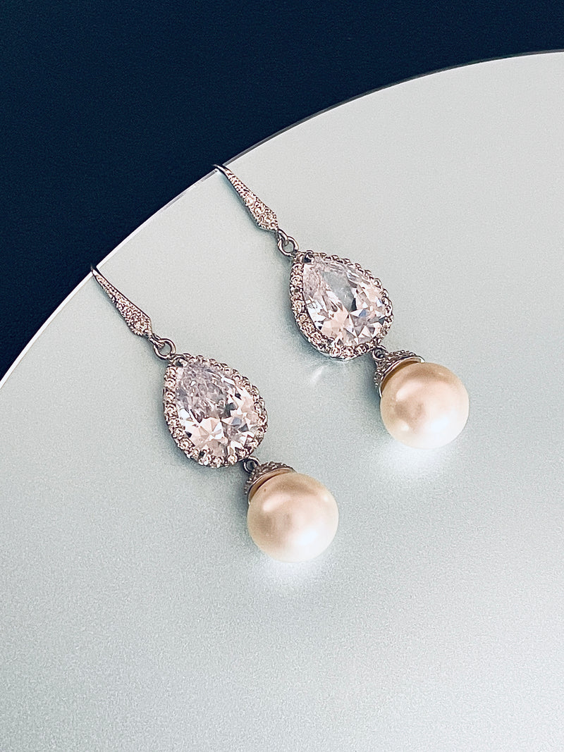 LUCILLA - Dangle Teardrop Crystal and Pearl Earrings In Silver - JohnnyB Jewelry