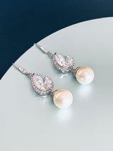 LUCILLA - Dangle Teardrop Crystal and Pearl Earrings In Silver - JohnnyB Jewelry