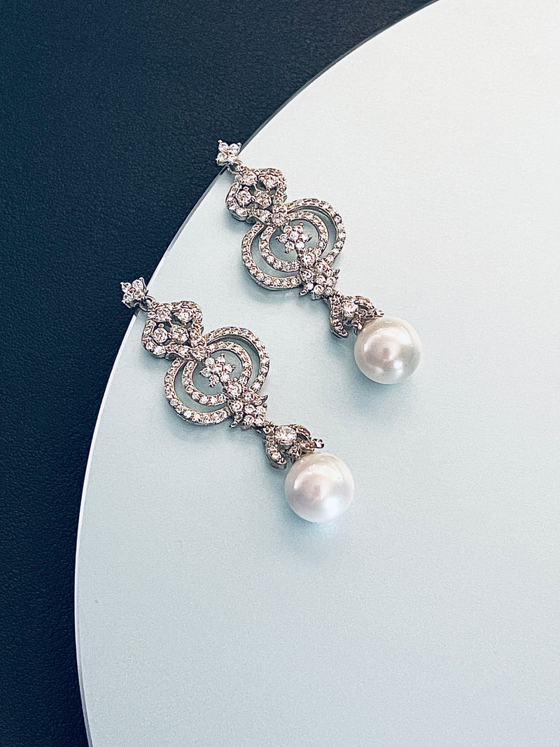 VIVIENNE - CZ Ornate Drop Pearl Earrings In Silver - JohnnyB Jewelry