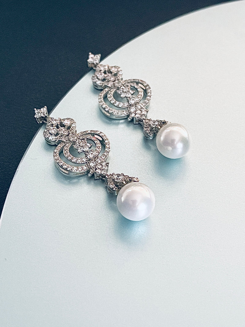 VIVIENNE - CZ Ornate Drop Pearl Earrings In Silver - JohnnyB Jewelry