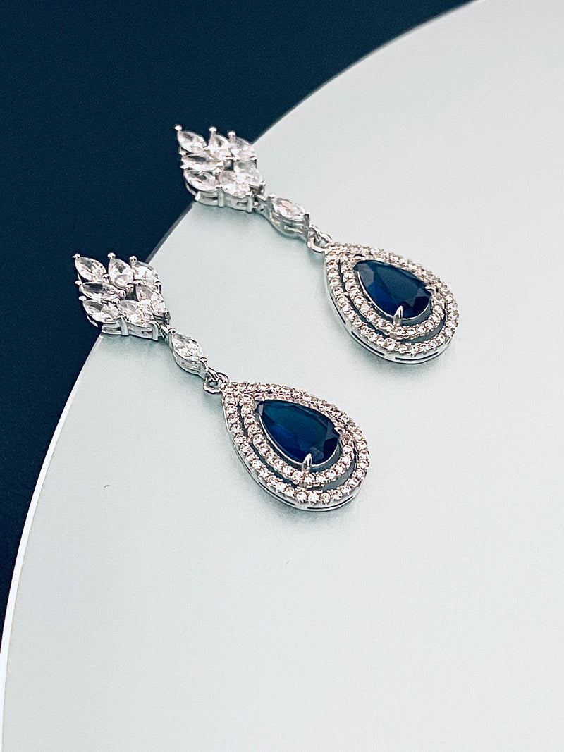 IANTHE - Sapphire Blue Ornate Teardrop Crystal Earrings In Silver - JohnnyB Jewelry