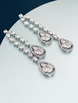 PAULINE - Long Double Teardrop CZ Crystal Earrings In Silver - JohnnyB Jewelry