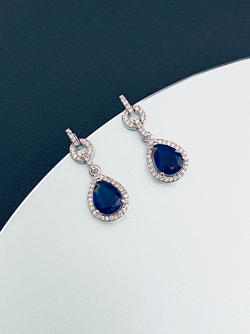 CAMILLA - Round CZ Detailed Sapphire Blue Teardrop Crystal Earrings In Silver - JohnnyB Jewelry