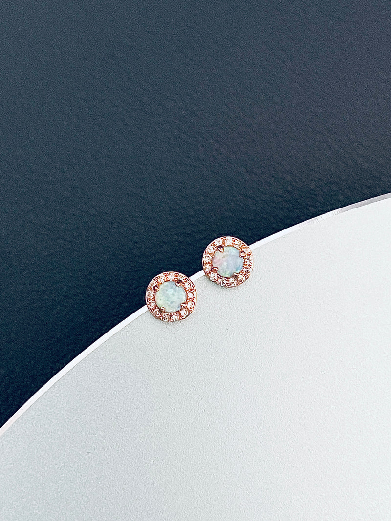 RHEA - Delicate Round-Setting Opal Stud Earrings In Rose Gold - JohnnyB Jewelry
