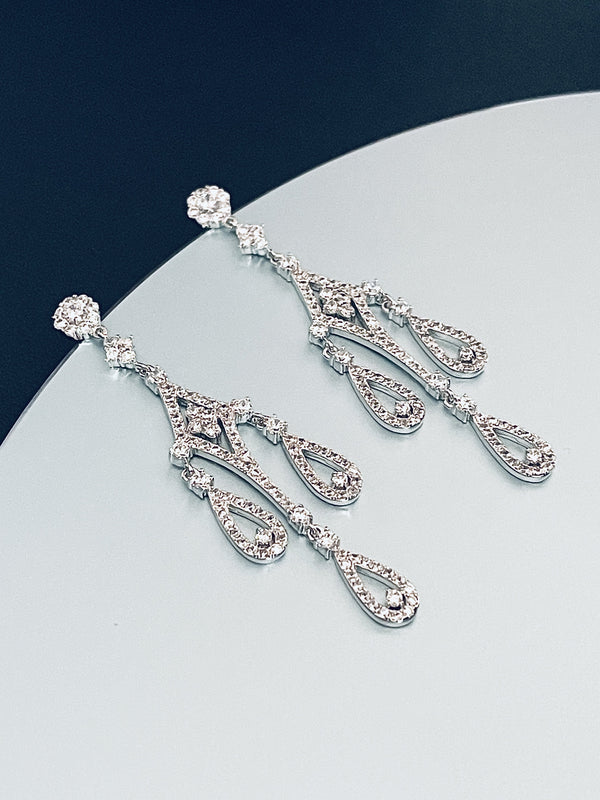 BARBARA - Dangle CZ Crystal Chandelier Earrings In Silver - JohnnyB Jewelry