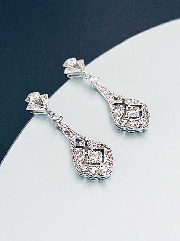 FRANCES - Round CZ Art Deco Style Drop Earrings - JohnnyB Jewelry