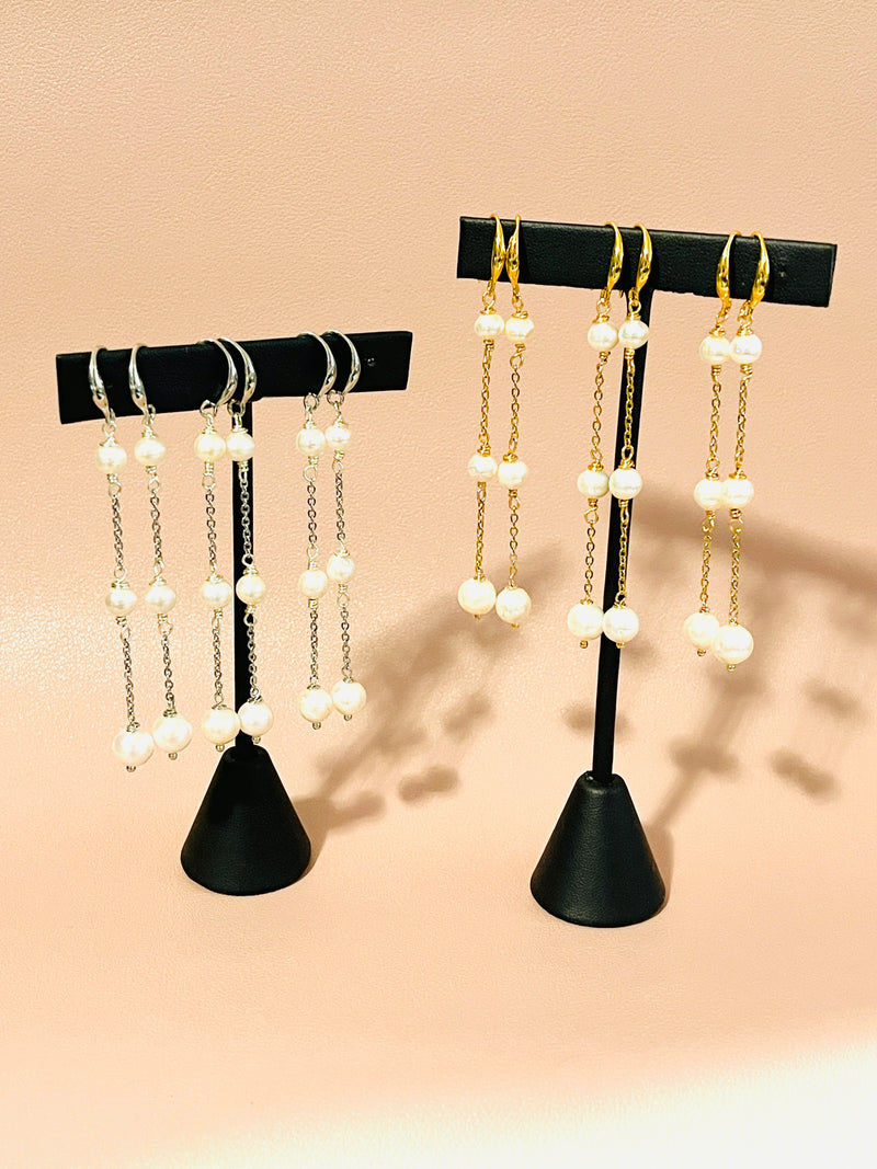 PEARLENE - 5-8MM TRIPLE PEARL DROP CHAIN EARRINGS