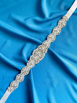 PAOLA - Elegant, All-Crystal Floral-Motif Belt Sash In Silver