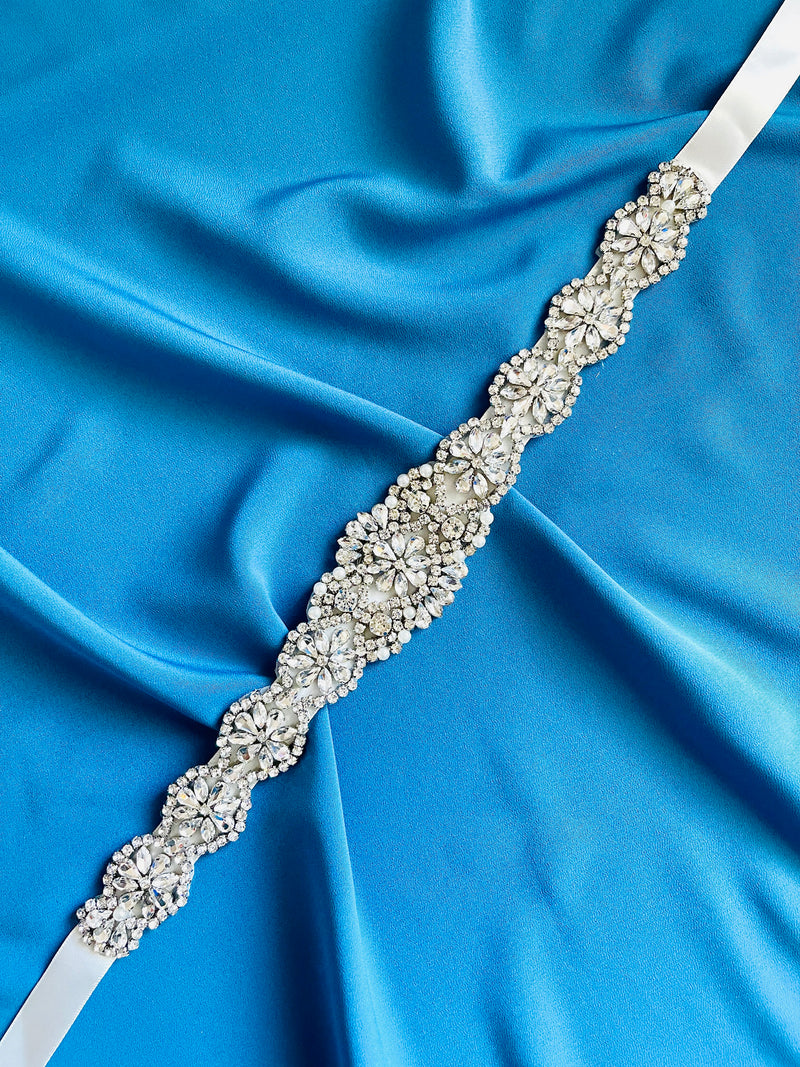 PAOLA - Elegant, All-Crystal Floral-Motif Belt Sash In Silver