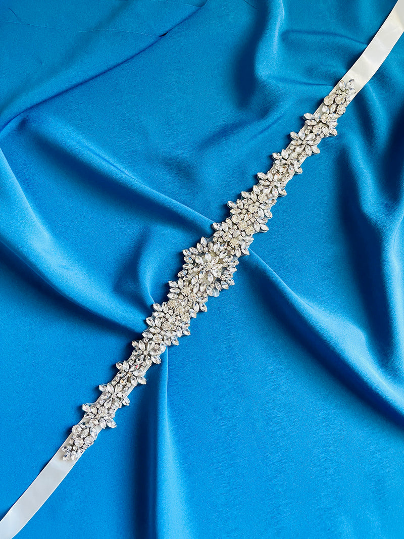 BRENLEY - Gorgeous All-Crystal Floral With Larger Central Flower Belt Sash In Silver
